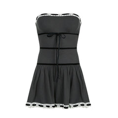 Aiertu - Off Shoulder Ribbon Trim Lace Up Slim Mini Dress Aiertu