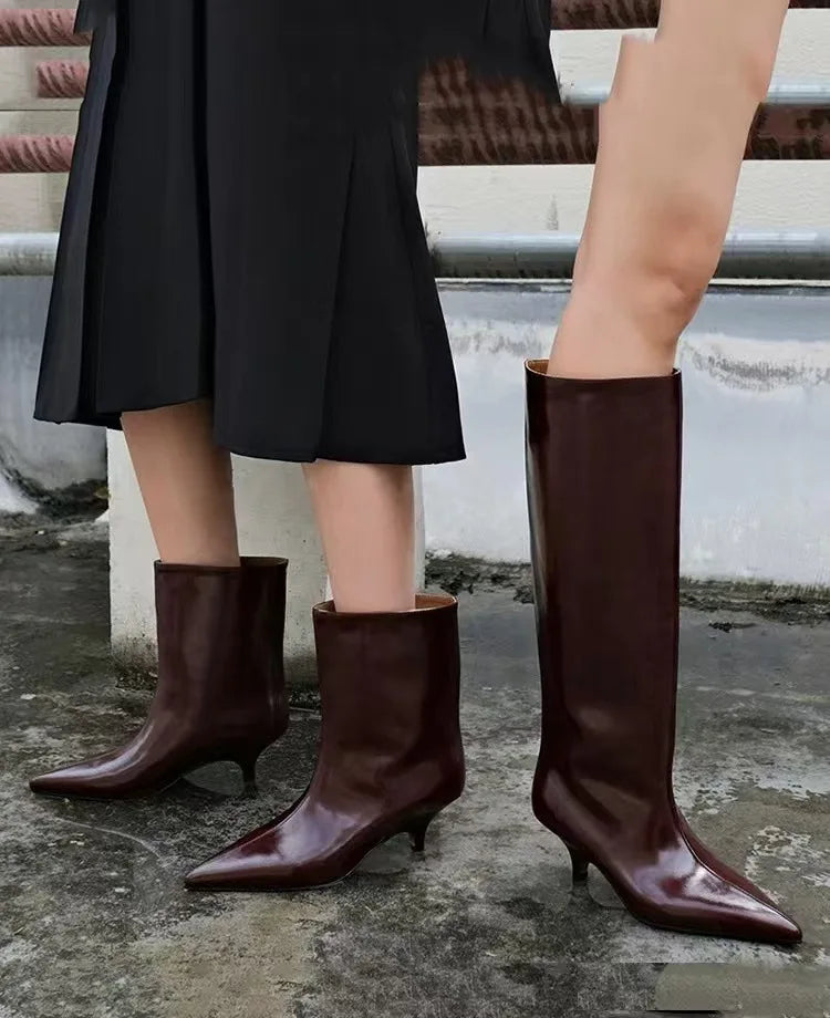 Aiertu    -  Burgundy Patent Leather High-Top Long Boots For Women Wine Red Pointed Toe Slip On Botas Largas De Mujer Kitten Low Heels Mature Aiertu