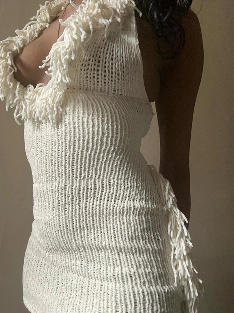 Aiertu   Puss Crochet Halter Dress Women Low-Neck Bandage Backless Stretch Tassel Skinny Sleeveless Street Elegant Mini Bodycon Aiertu