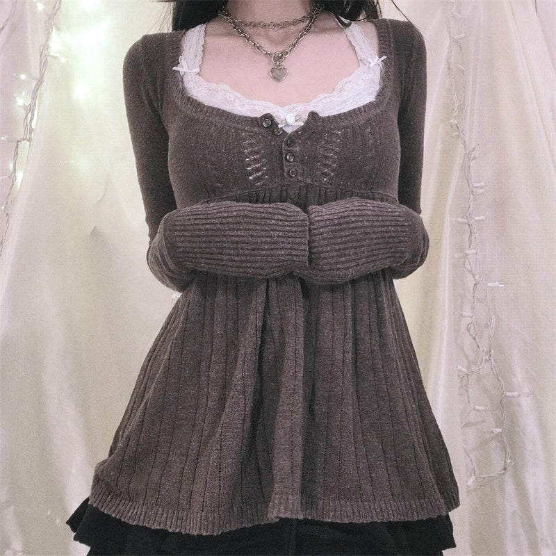 Aiertu  -  Women Vintage Solid Sweater Top Long Sleeve Button Front Knitted Babydoll Top 00S Retro Y2K Fairy Grunge Aesthetic Knitwear Aiertu
