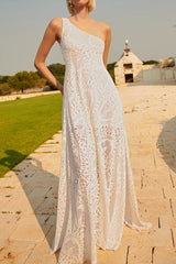 Aiertu  -Sexy Solid Color Lace Slit Sloping Shoulder Long Dresses aiertu
