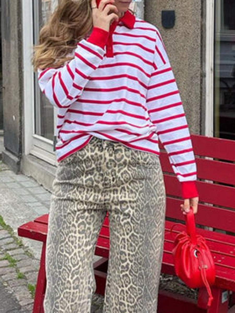 Aiertu  -  Women Baggy Striped Long Sleeve Tee Top Lapel Collared Shirt Y2k Loose Color Block Casual Loose Pullover Fall Streetwear Aiertu