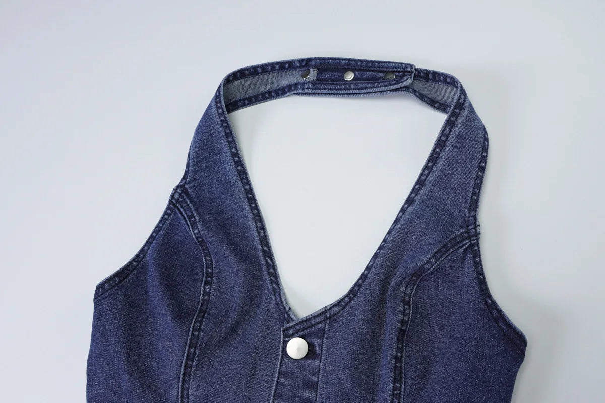 Aiertu  -  Halter Slim Denim Jumpsuits For Women Sleeveless High Waist Streetwear Backless Lady Fashion Sexy Plunge Rompers Outfits Aiertu