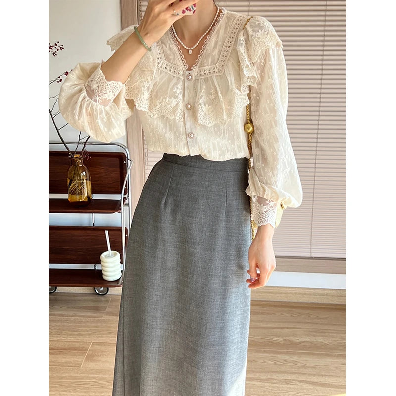 Aiertu Vintage Ruffles Shirts Women Elegant Lace Patchwork Blouses Office Lady Korean V Neck Long Sleeve All Match Chic Tops New Aiertu