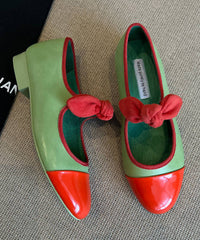 Aiertu  Boutique Bow Splicing Flat Feet Shoes Green Cowhide Leather Aiertu