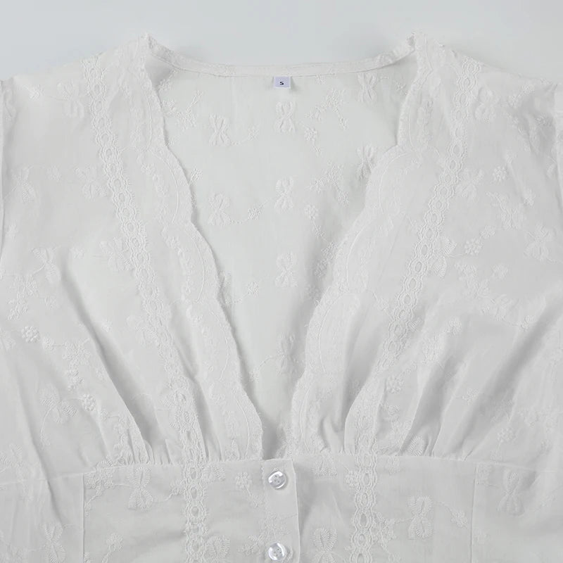 Aiertu  -  Y2K Bow Textured Waist Cinching Shirts Women Summer Puff Sleeve V-Neck Cardigan Tops Cutecore Button-Fly Girls Blouse Aiertu