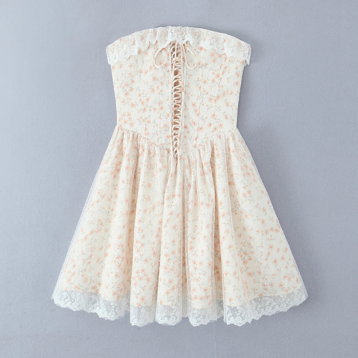 Aiertu  -  Women Flower Print Mesh Cross Lacing up Bandage Bow Corset Strapless Dress Low Waist Party Skater A-line Swing Short Robe Aiertu