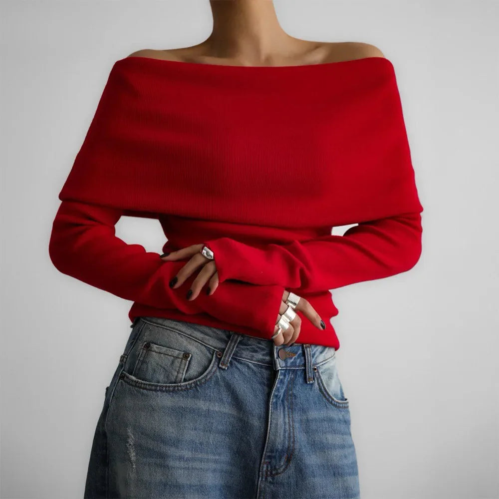 Aiertu  -  Women's Pullover Long Sleeved Knitted Base Shirt Autumn Winter Office Lady Sweater One Shoulder Sexy Slim Fit Off Shoulder Top Aiertu