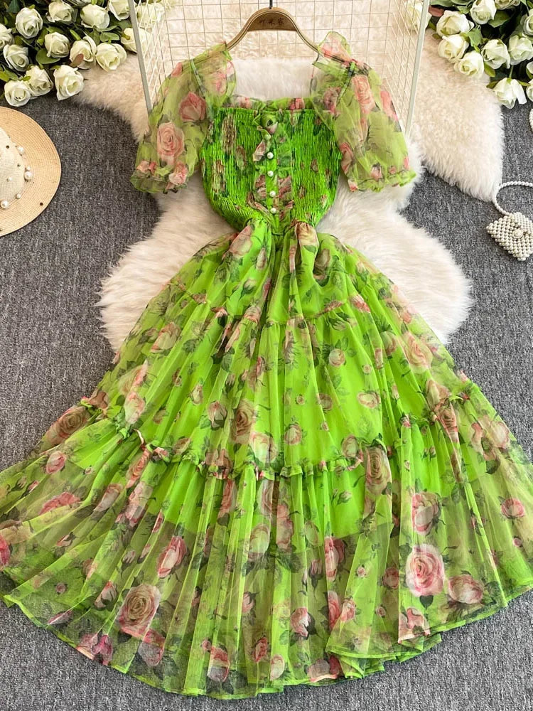 Aiertu Summer Women Floral Mesh Midi Dress Sweet Square Collar Short Puff Sleeve Ruffle Vestidos Female Elegant Purple/Green/Red Robe Aiertu
