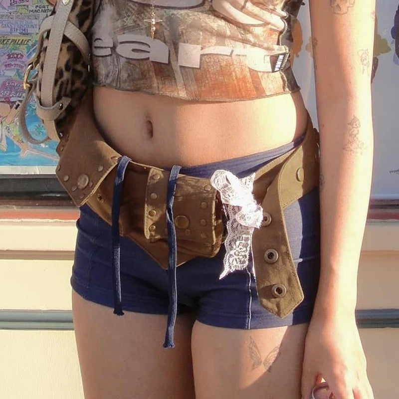 Aiertu  -  Harajuku Brown Buttons Vintage Female Belts Pockets Y2K Grunge Bum Bag Waistband Accessories Wide Sashes Outfits Aiertu