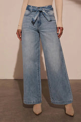Aiertu  -Casual Gradient Color Distressed Lace Up High Waist Loose Denim Jeans aiertu