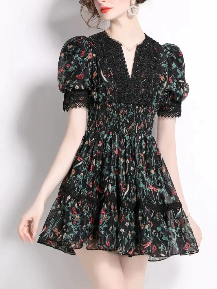 Aiertu  -  Summer Y2K Lace Trims Splice Flower Princess Short Dresses Women's Puff Sleeve V Neck Elastic Waist French Elegant Party Vestido Aiertu
