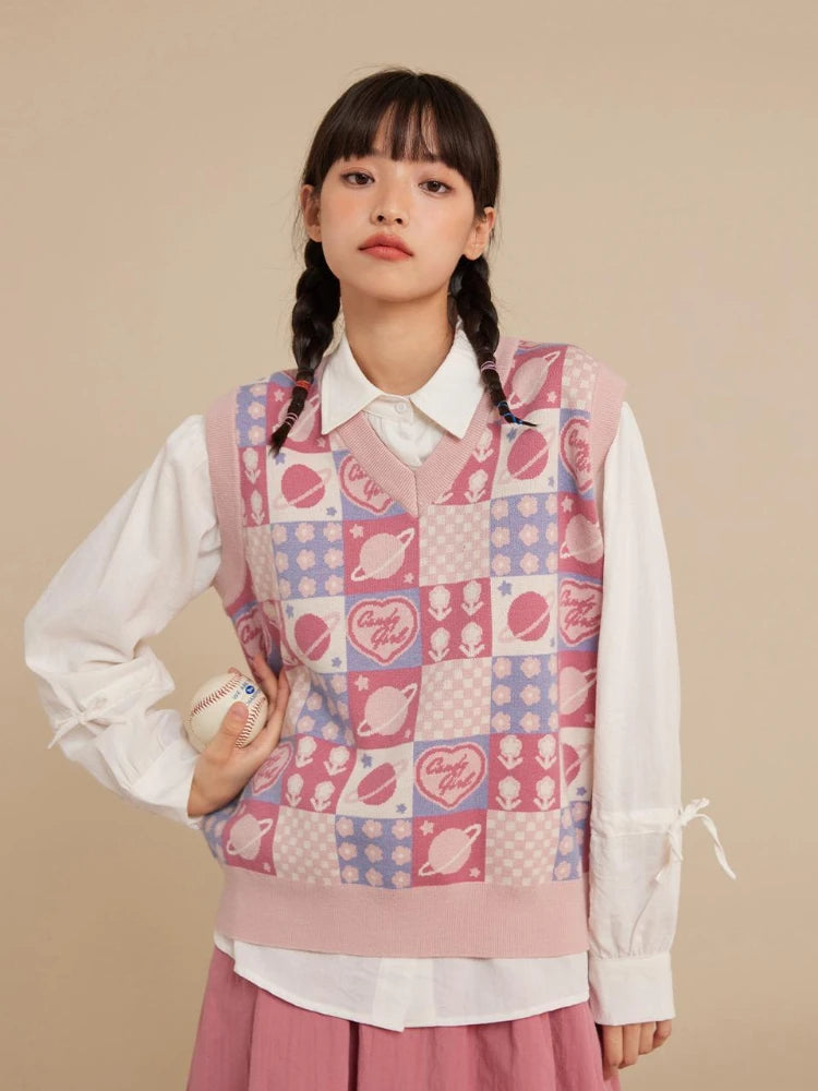 Aiertu  -   Kawaii Preppy Style Sweater Vest Y2k Women Sweet Pink Loose Floral V-Neck Knitted Pullover Sleeveless Plaid Outerwear Aiertu