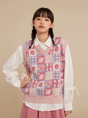 Aiertu  -   Kawaii Preppy Style Sweater Vest Y2k Women Sweet Pink Loose Floral V-Neck Knitted Pullover Sleeveless Plaid Outerwear Aiertu