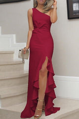 Aiertu  -  Elegant Solid Flounce Slit One Shoulder Evening Dress Dresses(8 Colors) Aiertu