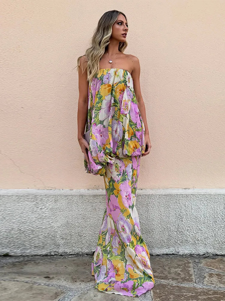 Aiertu  -  Strapless Layered Printed Dress Flower Off Shoulder Backless Layers Slimming Seaside Beach Women Long Dress Fashion Robes Summer Aiertu