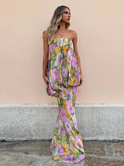 Aiertu  -  Strapless Layered Printed Dress Flower Off Shoulder Backless Layers Slimming Seaside Beach Women Long Dress Fashion Robes Summer Aiertu
