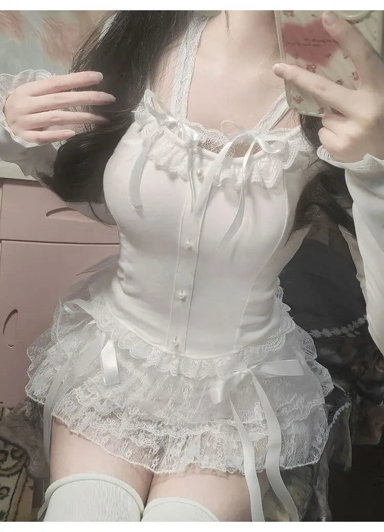 Aiertu Y2k Lace Sweet Girl Korea Summer Skirts Women Clothes White MIni Skirt High waist Loose Grunge Kawaii Cute A-line Fluffy Skirt Aiertu