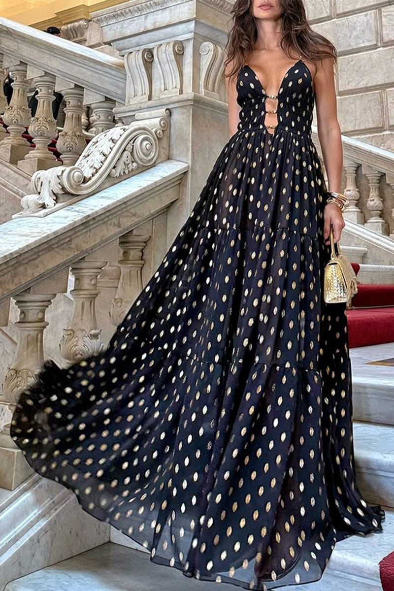 Aiertu  -Sexy Polka Dot Contrast V Neck Long Dresses aiertu