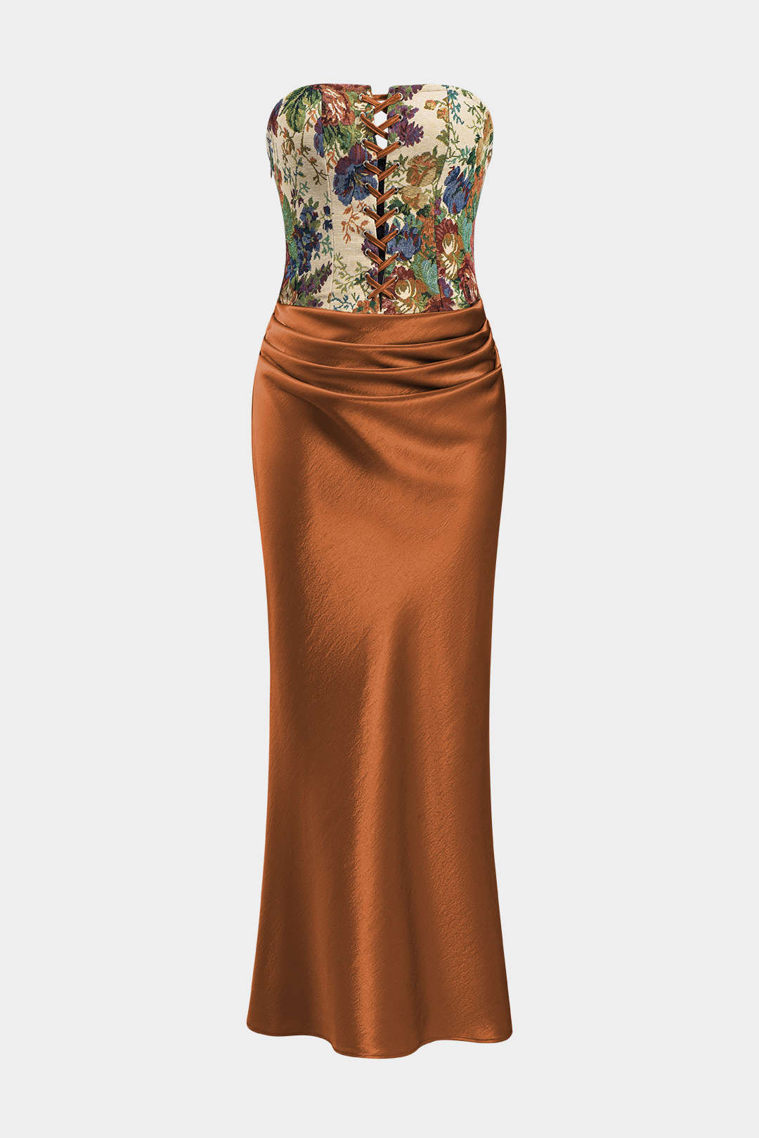 Aiertu  -  Satin Embroidery Ruched Drawstring Strapless Maxi Dress Aiertu