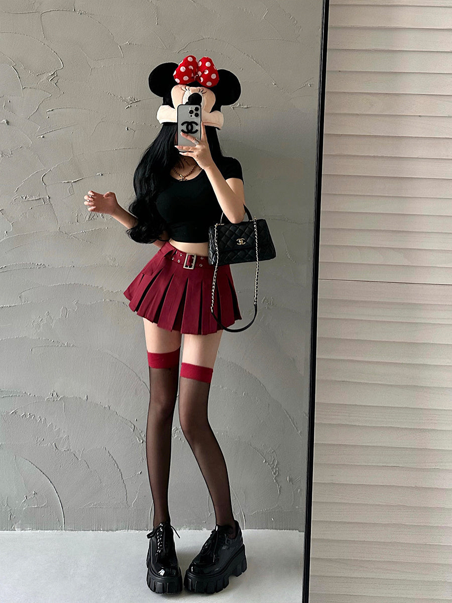 Aiertu Solid Color Pleated A-Line Low Waist Mini Skirt Aiertu