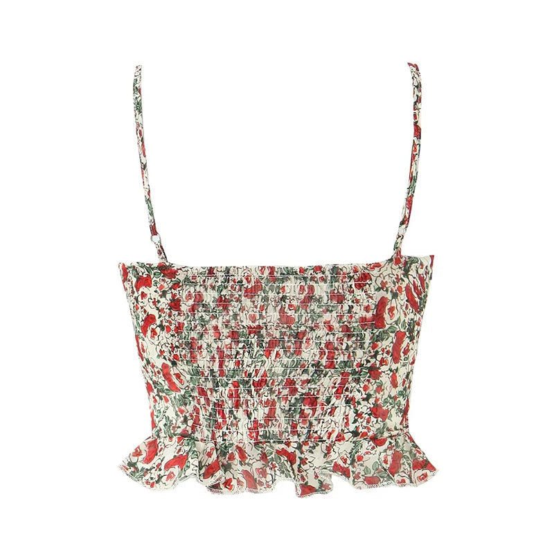 Aiertu  -  New Women Sexy Thin Straps O Neck Hem Ruffle Floral Print Camis Summer Holiday Crop Top ropa de mujer Aiertu