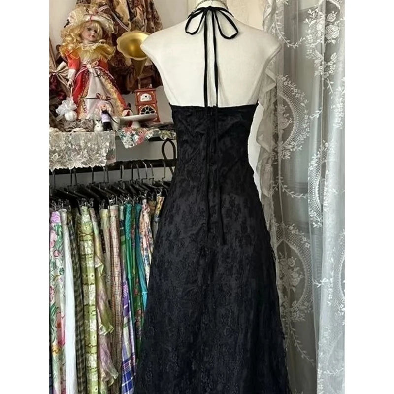 Aiertu  -  Y2K Black Lace Midi Dress Women Party Sexy Halter Ruffles Dresses Summer Vintage Korean V Neck Backless Bodycon Vestidos Aiertu