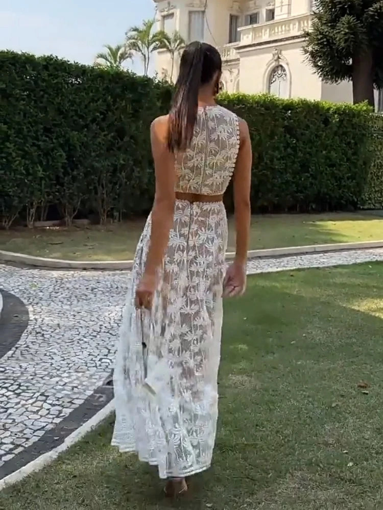 Aiertu  -  Embroidery Hook Flower Hollow White Dresses Sets Women Elegant Sleeveless Tops Skirts Two Piece Sets Female Holiday Party Dress Aiertu