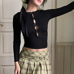 Aiertu       -  Streetwear Hollow Out T Shirt Women Clothes Long Sleeve Korean Fashion Slim Autumn Tops 2000s Clothes Y2k Tees Female Aiertu