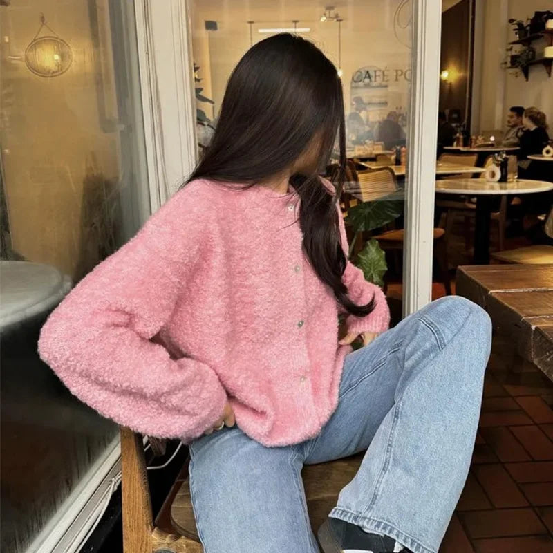 Aiertu  -  Casual Knit Single Breasted Cardigans Women O-neck Long Sleeve Fluffy Short Sweaters Cardigan 2026 Autumn New Lady Elegant Tops Aiertu