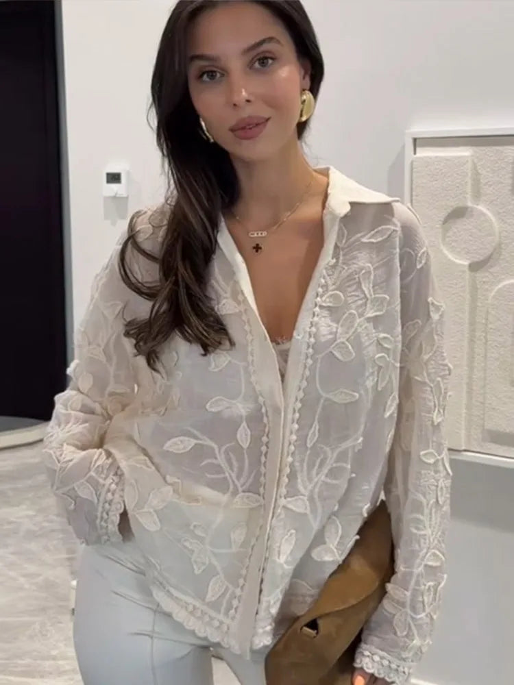 Aiertu  -  Chic Jacquard Button Up Women's Cardigan Loose Lace Long Sleeved Lapel Shirt 2026 Spring Summer Commuting Casual Lady Blouse Aiertu