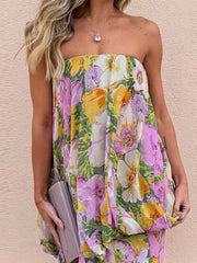 Aiertu  -  Strapless Layered Printed Dress Flower Off Shoulder Backless Layers Slimming Seaside Beach Women Long Dress Fashion Robes Summer Aiertu