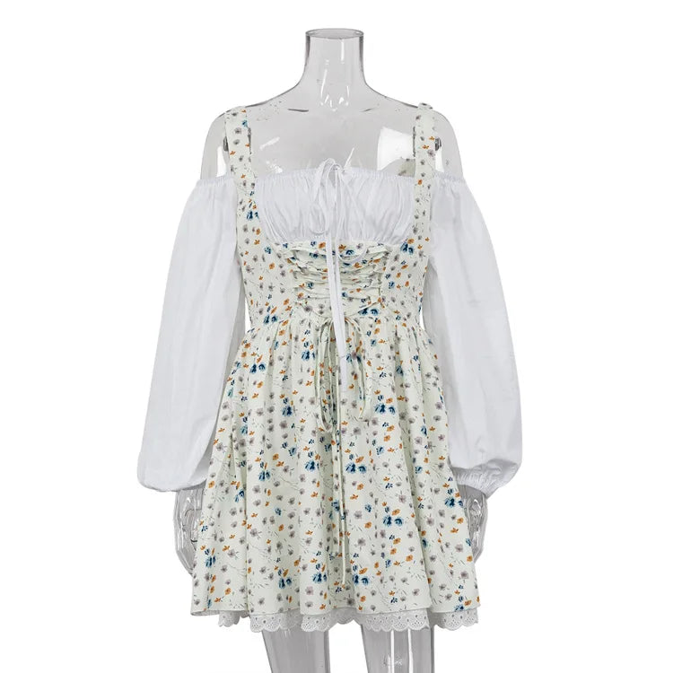 Aiertu  -  Puff Sleeve Suspender Dress Women Fake Two Pieces Flower Strapless Ruffles Splice Long Sleeve Lace Up Party Dress Summer Aiertu