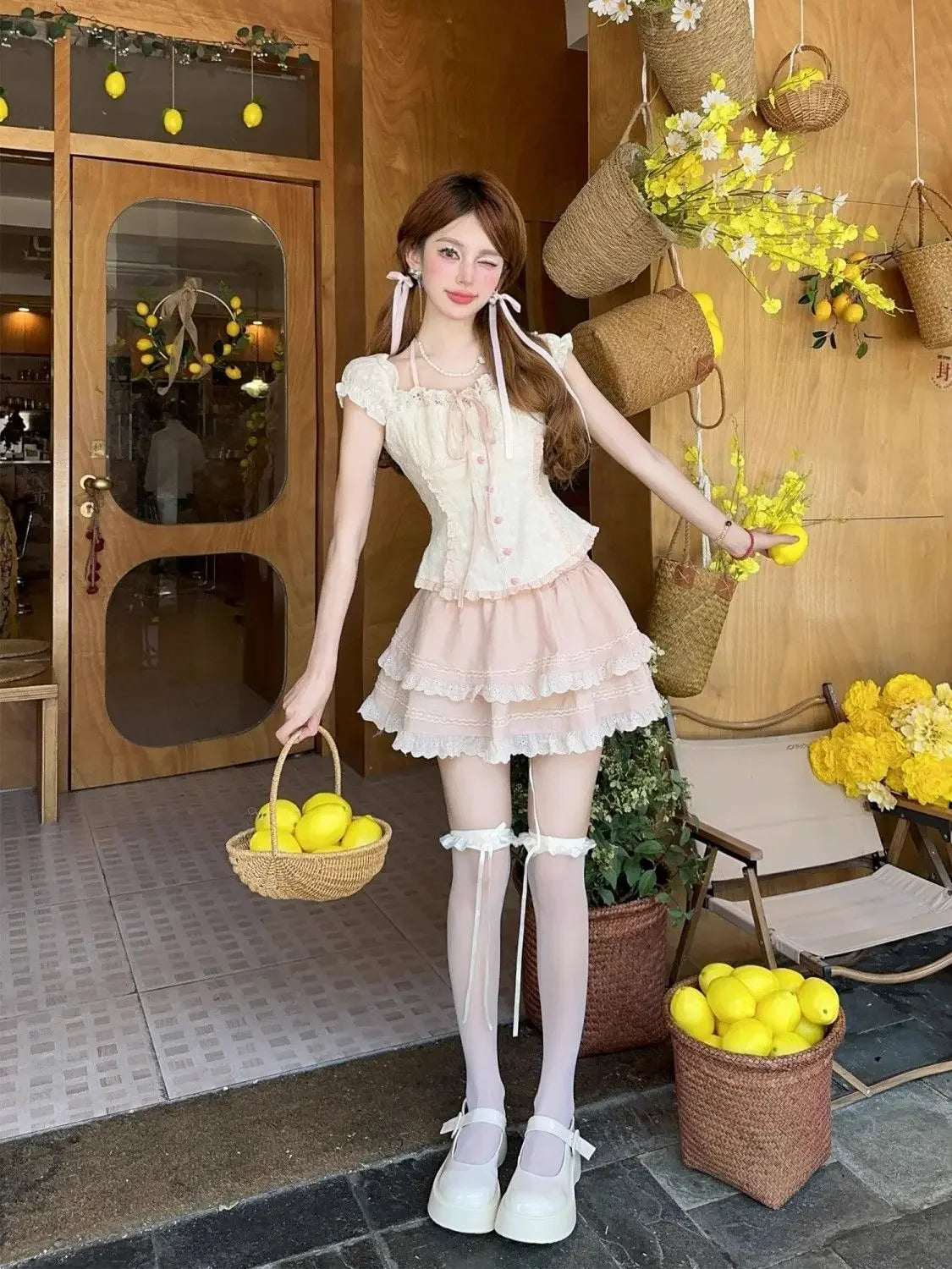 Aiertu  -   Summer Sweet Girls Two Piece Skirt Sets Lace Splicing Puff Sleeve Slim Shirt Tops + High Waist A Line Mini Skirt Outfits Aiertu