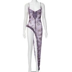 Aiertu  -   Deep V Neck Spaghetti Strap Sleeveless Bandage Print Backless Irregular Maxi Dress Streetwear New Arrivals Vestidos Aiertu