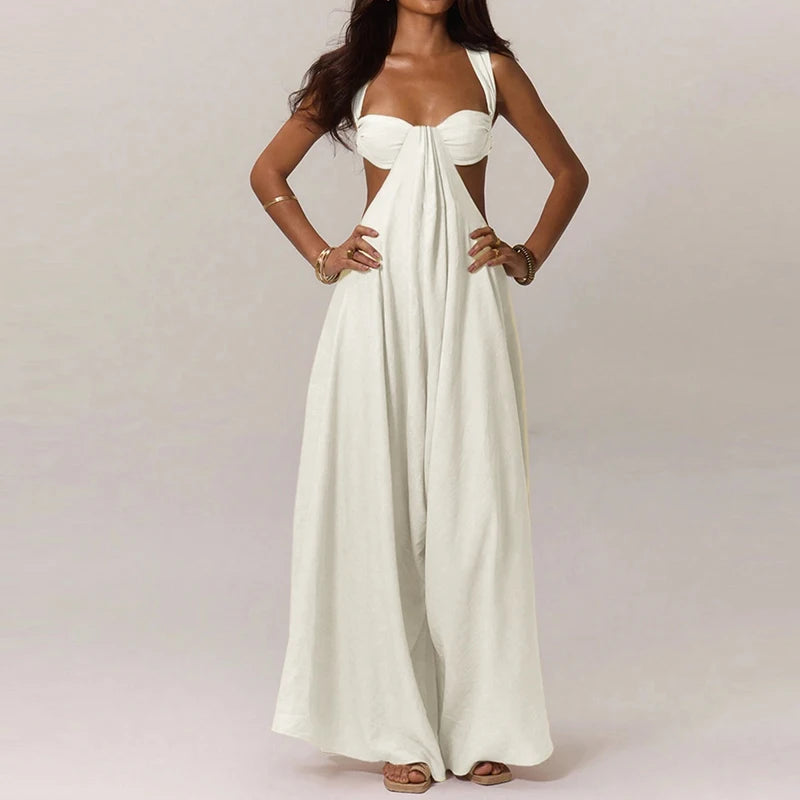 Aiertu  -  Women Elegant Hollow Backless Solid Color Long Romper Sexy Off Shoulder Party Jumpsuit Casual Sleeveless Wide Leg Loose Playsuit Aiertu
