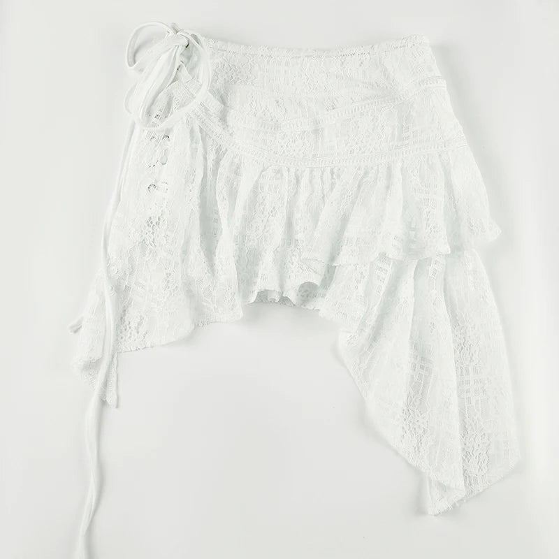 Aiertu  -  Holiday Bandage Lace Asymmetrical Skirts Beach Style See Through Slim Mid-Waisted  Mini Skirts Women 2025 Summer Fashion Aiertu