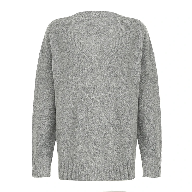 Aiertu  -  Minimalism V Neck Sweater for Women Gray Casual Winter Knitted Pullovers Streetwear Y2K Basic Jumper Preppy Style Aiertu