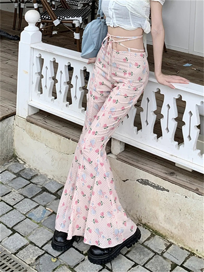 Aiertu  -  Slim Mopping Flare Pants Women High Waist Slim-Fit Printed Chic Autumn Casual Streetwear Office Lady Florals Aiertu