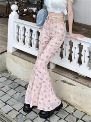 Aiertu  -  Slim Mopping Flare Pants Women High Waist Slim-Fit Printed Chic Autumn Casual Streetwear Office Lady Florals Aiertu