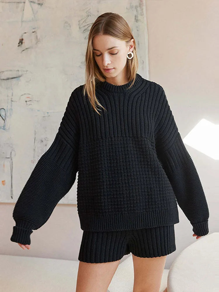 Aiertu  -  Knitted Solid Women Sweater Sets Crochet O Neck Full Sleeves Lady Pullover Set 2024 Autumn Casual Fashion Wide Leg Shorts Suit Aiertu