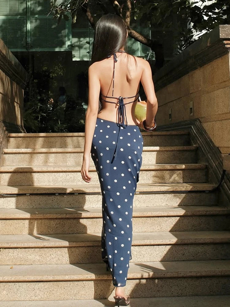 Aiertu  -  Sexy Polka Dot Print 2-Piece Set Women Halter Bandage Halter Backless Sleeveless Mini Tops+Straight Skirt Matching Suit Aiertu