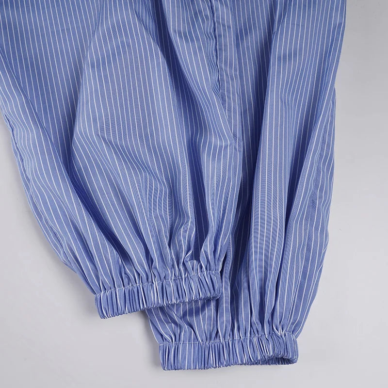 Aiertu  -  Streetwear Blue Striped Print Casual Pants Elastic Low Rise Loose Trousers y2k Aesthetic Korean Style Hippie Trousers Aiertu