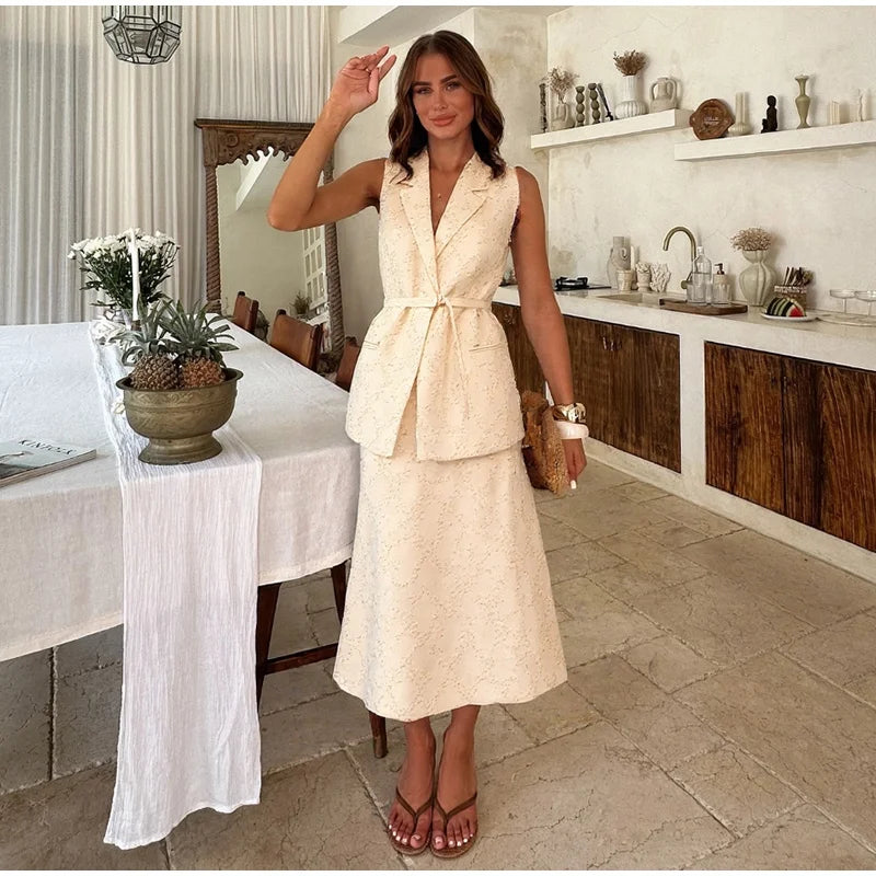 Aiertu  -  Tassel Wear Vest Half Skirt Women 3-piece Set Lapel Tie Vest Round Neck Vest A-line Skirts 2025 Summer High Street Lady Suit Aiertu