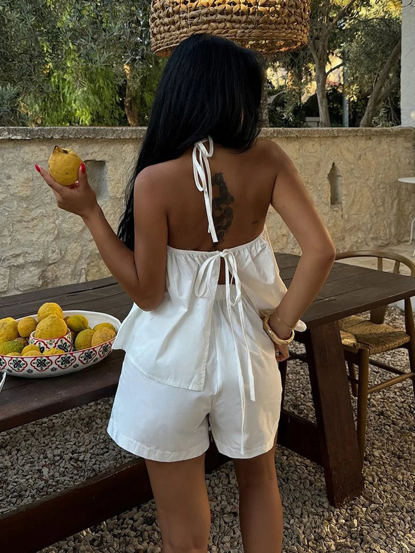 Aiertu  -   Cotton Femme Sleepwear Set Backless Pajama Sexy Spaghetti Strap Nightgown Lace Up Nightie Shorts Women Nightwear Suit Aiertu
