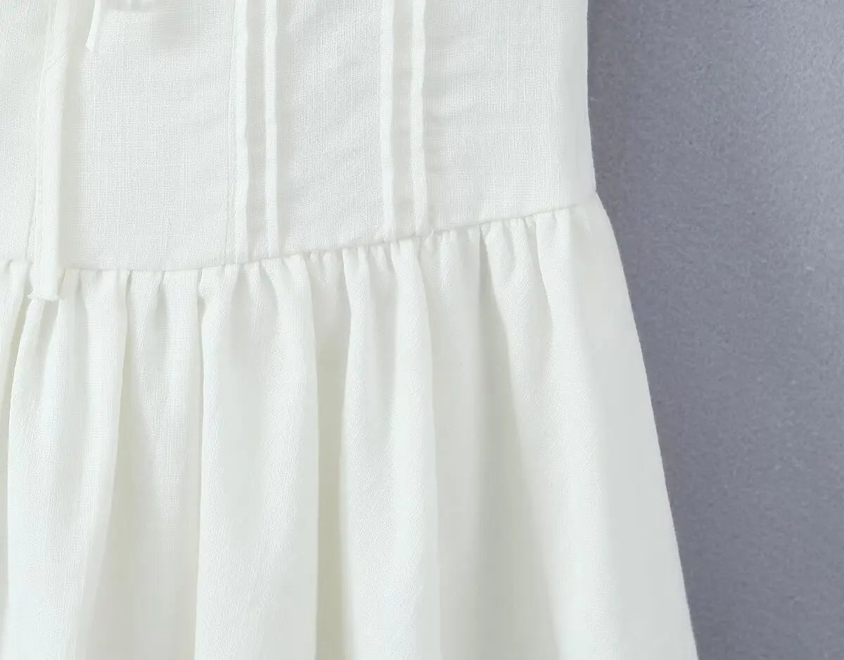 Aiertu  -  Sweet Beige Splice Lace Square Collar Bow Front Short Puff Sleeve Dress Women Lace Hem Low Waist Dresses Mini Cake Robe Aiertu