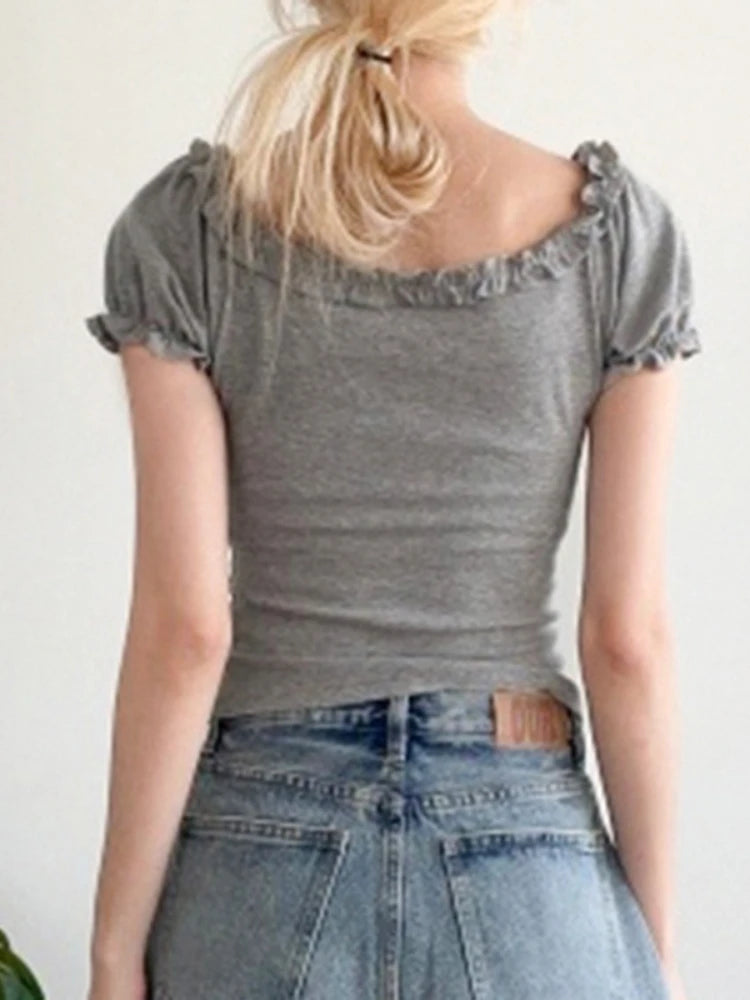Aiertu  Women Y2k Aesthetic Ruffled Bandage T-shirt Summer Harajuku Fairy Vintage Slim Fit Tees Grunge Cropped Pleated Tops Streetwear Aiertu