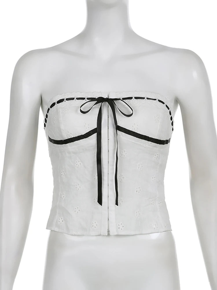 Aiertu  Sweet Bow Cropped Tube Tops Slim Lace Trim Slash Neck Sleeveless Tank Tops Women 2025 Summer Fashion Streetwear Ladies Aiertu