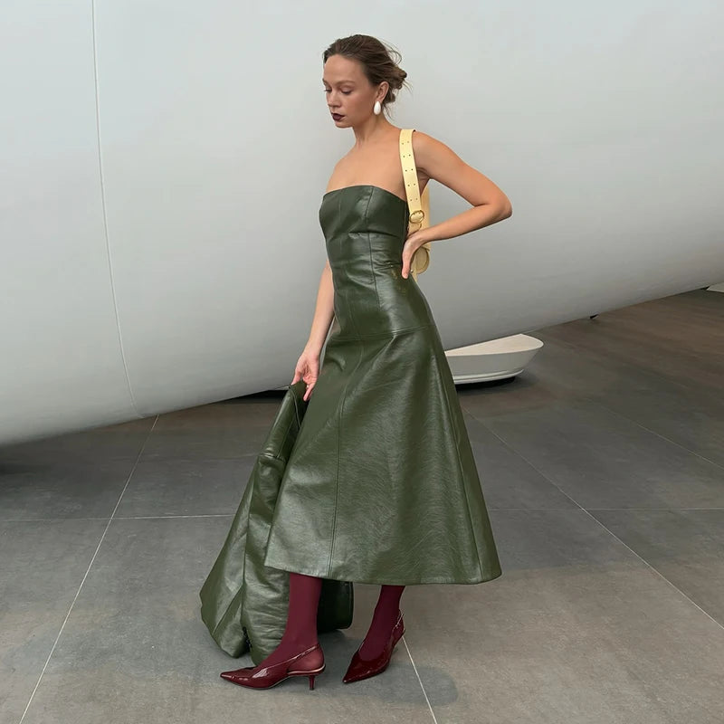 Aiertu  -  PU Leather Solid Women Dresses Sleeveless Strapless Lady Maxi Dress 2024 Slim Sexy Christmas Party Hip Package Female Vestidos Aiertu