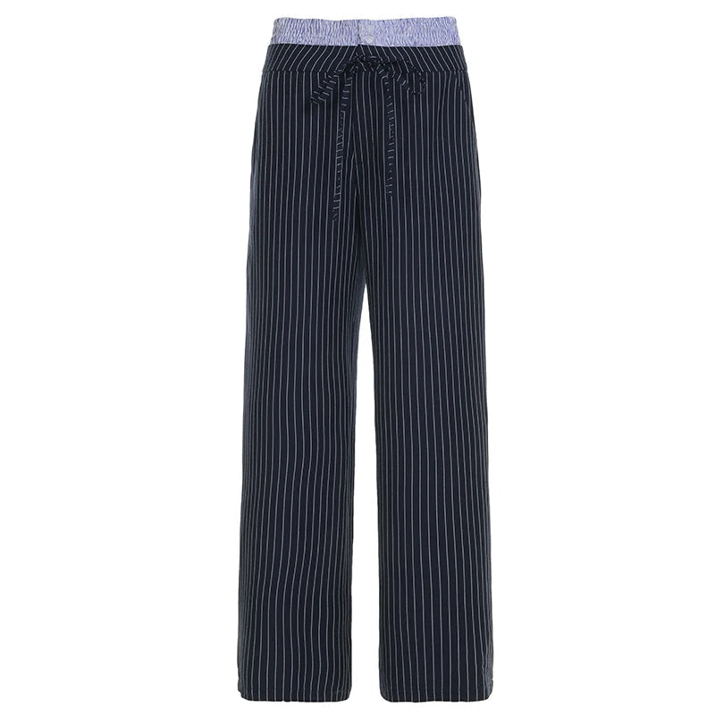 Aiertu  -  Contrast Hight Waist Patchwork Fashion Wide Leg Pants Striped Casual Loose Fit Straight Trousers Chic Y2K Streetwear Aiertu